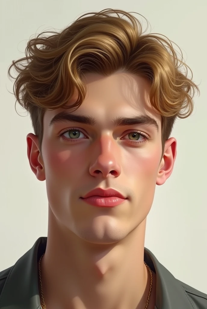 Create a hyperrealistic illustration of a young man, that has almost pale white skin, with marked features, defined jaw, medium length hair to the ears, hairstyle and honey color, Full lips and flirtatious smile