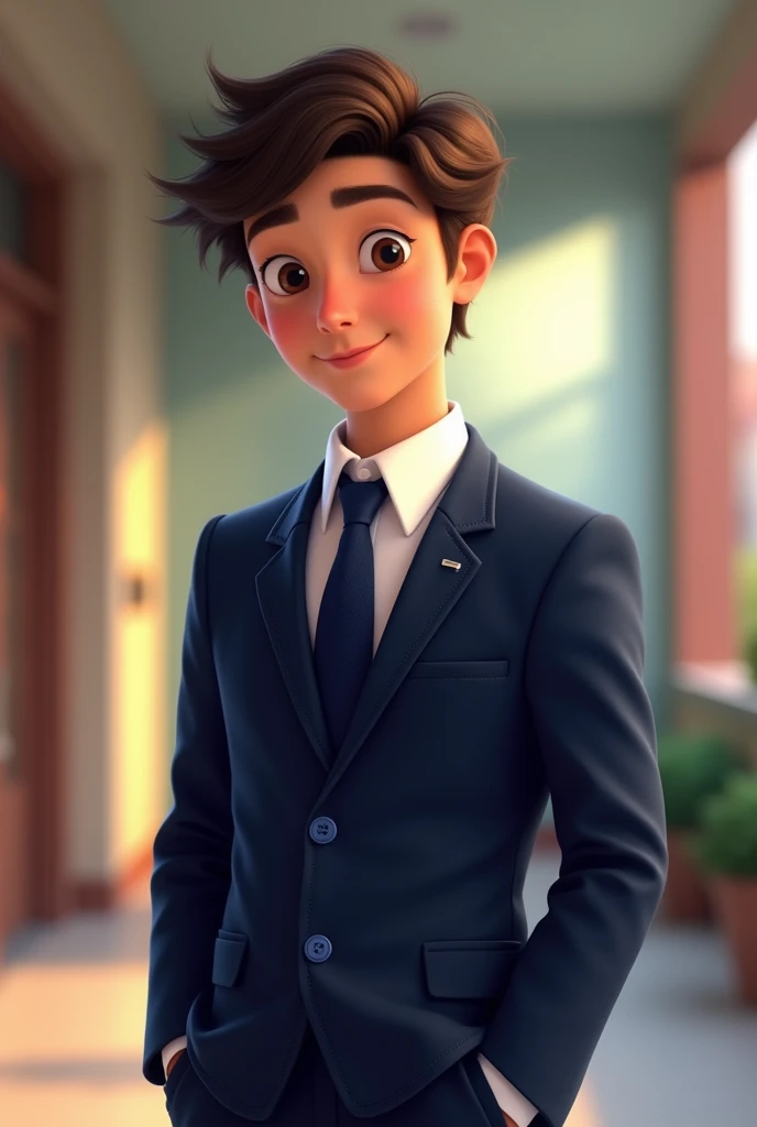 GENERATE A STUDENT pixar V-NECK JACKET WITH DARK BLUE BUTTONS DARK BLUE TIE AND WHITE SHIRT a WITHOUT JACKET