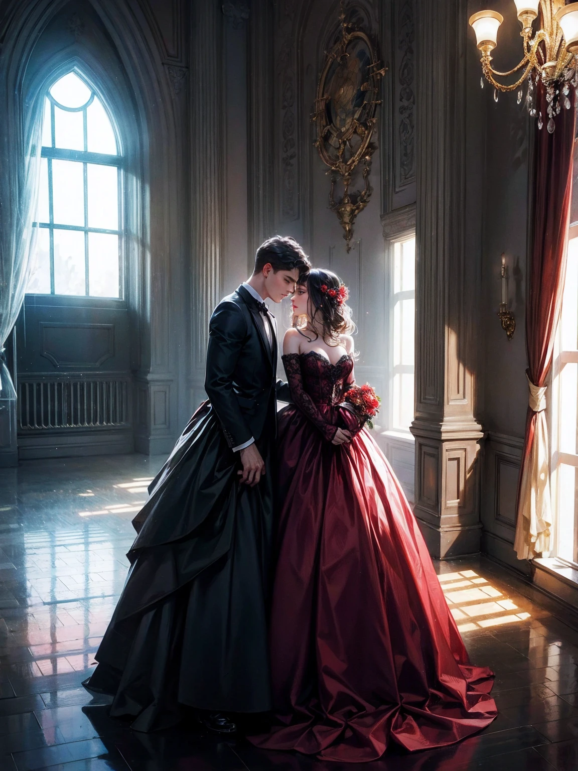A red-haired and masked princess dances at the ball with a dark-haired and handsome prince in a beautiful princess dress, The prince has a lordly outfit and it is priceless.. The princess is very beautiful, the prince has no beard and has short hair and meanwhile another ghost princess was watching them from the other door WITH TEARS AND THAT PRINCESS IS A GHOST IN FACT and our dancing redhead noticed her and was looking at her THE GHOST PRINCESS WAS WATCHING THEM DANCE FROM BEHIND AND THE RED-HAIRED PRINCESS SAW THIS the ghost was watching them with tears