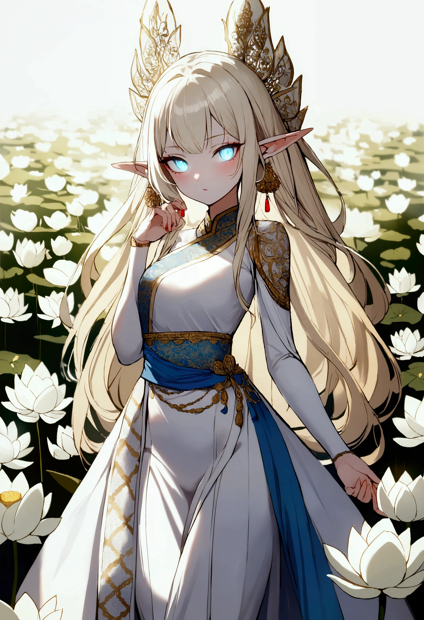 1 female, Elf ears, White God, Light Blonde Hair, Longest hairstyle, Glowing eyes, White lotus field, Princess White Light, Elegant Thai clothing,