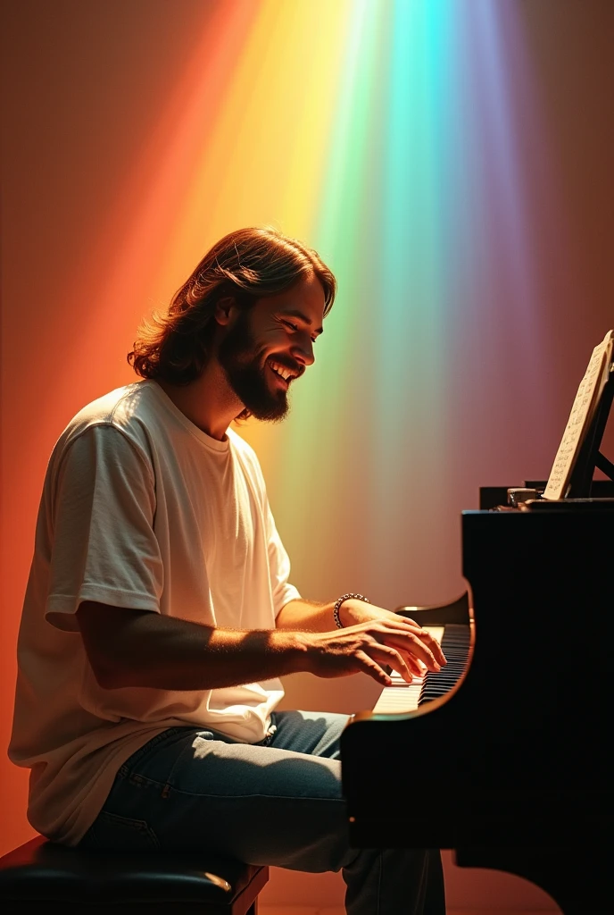Viewed diagonally from above. Jesus Christ playing the piano. He smiles happily with a wise and benevolent face. he is shining Surrounded by rainbow-colored light. Jesus is wearing a white T-shirt and jeans. Jesus of Nazareth is depicted as a gentle, gentle man with shoulder-length hair. His wavy brown hair flows over his shoulders. His face conveys deep wisdom and empathy, radiating warmth and understanding. Another man stands beside Jesus and watches over him tenderly. He is depicted as a kind-hearted Japanese man with a Buddha-like shaved head and a gentle, cheerful expression. A crowd of Japanese people has formed around the piano. they are healed. The Japanese man's face conveys deep wisdom and empathy, exuding warmth and understanding. Photography, close-up, highly detailed, trending at the art station, sharp focus, studio shot, intricate details, Greg Rutkowski,