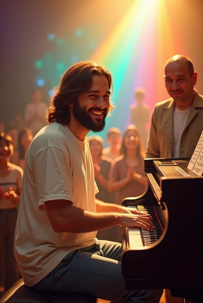 Viewed diagonally from above. Jesus Christ playing the piano. He smiles happily with a wise and benevolent face. he is shining Surrounded by rainbow-colored light. Jesus is wearing a white T-shirt and jeans. Jesus of Nazareth is depicted as a gentle, gentle man with shoulder-length hair. His wavy brown hair flows over his shoulders. His face conveys deep wisdom and empathy, radiating warmth and understanding. Another man stands beside Jesus and watches over him tenderly. He is depicted as a kind-hearted Japanese man with a Buddha-like shaved head and a gentle, cheerful expression. A crowd of Japanese people has formed around the piano. they are healed. The Japanese man's face conveys deep wisdom and empathy, exuding warmth and understanding. Photography, close-up, highly detailed, trending at the art station, sharp focus, studio shot, intricate details, Greg Rutkowski,