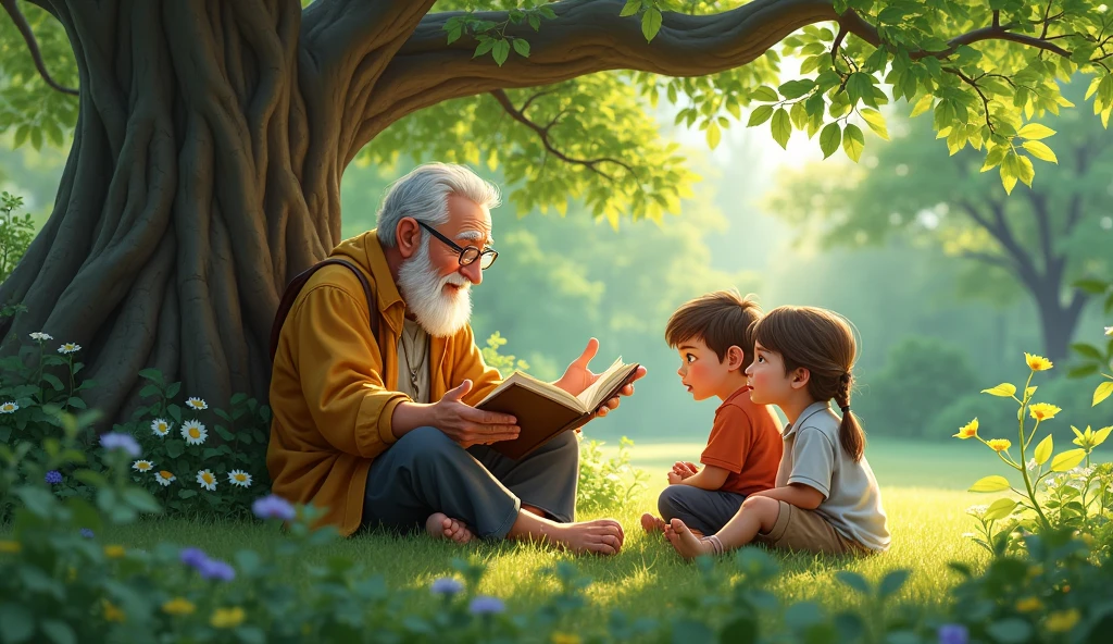 A old man and child boy setting in tree
