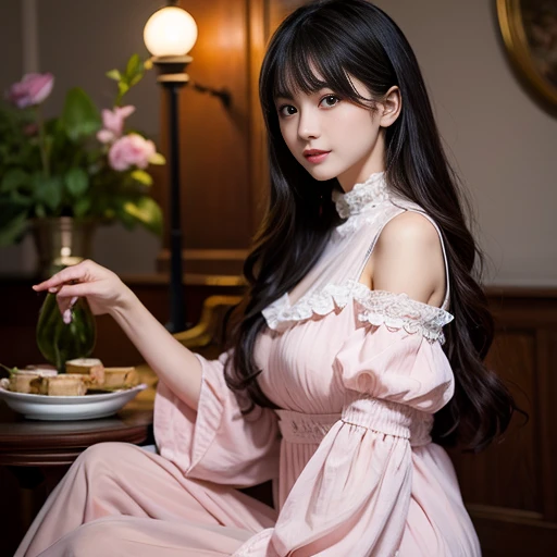 best quality, Delicate face，beautiful visual work, lifelike, eternity, black hair, Long curly hair, blunt bangs, Smile, Detailed Background, Delicate face，blush，cold，((masterpiece))、(top quality)、8k、high detail、Super detailed，41-year-old female， masterpiece、born、Scenes resembling fairy tale illustrations、intricate details和複雜的設計、Beautifully、magic、capricious、 Beautifully、Dream aesthetics、「𝓡𝓸𝓶𝓪𝓷𝓽𝓲𝓬、ethereal、charming、fickle、magic」、realism、Visual effects、FXAA、SSAO、Shader、voiceless、ambient lighting、Tone mapping、High resolution、Ultra high quality、Million pixels、(8K resolution:1.10)、8k、8k以下、8K resolution、high detail、intricate details， (high quality:1.2、masterpiece:1.2、:1.21)、(41-year-old female:1.21)、(興奮地Smile)、(Surrounded by a dreamy atmosphere、Model diagram，full-body shot，Normal 2 feet，Put your hands behind you，The protrusion of the breast is visible when wearing clothes, Large Breasts, H cup chest, pink clothes, Don&#39;t show your fingers, full-body shot， full-body shot，full-body shot，full-body shot，full-body shot，full-body shot，full-body shot，full-body shot，hands hidden in clothes, hands hidden in clothes,hands hidden in clothes,hands hidden in clothes,hands hidden in clothes,hands hidden in clothes,hands hidden in clothes,hands hidden in clothes,hands hidden in clothes, ,hands hidden in sleeves ,hands hidden in sleeves ,hands hidden in sleeves ,hands hidden in sleeves ,hands hidden in sleeves ,hands hidden in sleeves ,hands hidden in sleeves ,hands hidden in sleeves, arms behind back, arms behind back, in the amusement park, at disneyland, Bow at the back of the waist, Skirt length to calf, cupcake dress, Layered skirt with lace on each layer, Wear a LOLITA dress, layered dress, Pink lolita skirt, lots of lace, Long sleeve, Wide sleeves, Big skirt, layered lace skirt, Puff sleeves, Wide sleeves, Transparent sleeves, intricate details showcase the ruffles and intricate designs of the Lolita dress, Wearing a lolita dress,