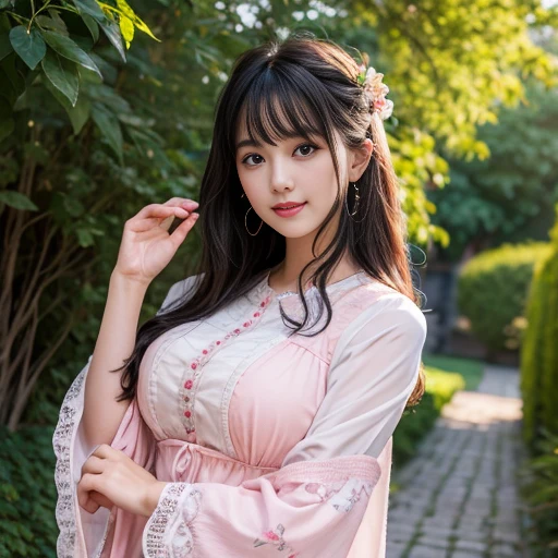 best quality, Delicate face,beautiful visual work, lifelike, eternity, black hair, Long curly hair, blunt bangs, Smile, Detailed Background, Delicate face,blush,cold,((masterpiece))、(top quality)、8k、high detail、Super detailed,41-year-old female, masterpiece、born、Scenes resembling fairy tale illustrations、intricate details和複雜的設計、Beautifully、magic、capricious、 Beautifully、Dream aesthetics、「𝓡𝓸𝓶𝓪𝓷𝓽𝓲𝓬、ethereal、charming、fickle、magic」、realism、Visual effects、FXAA、SSAO、Shader、voiceless、ambient lighting、Tone mapping、High resolution、Ultra high quality、Million pixels、(8K resolution:1.10)、8k、8k以下、8K resolution、high detail、intricate details, (high quality:1.2、masterpiece:1.2、:1.21)、(41-year-old female:1.21)、(興奮地Smile)、(Surrounded by a dreamy atmosphere、Model diagram,full-body shot,Normal 2 feet,Put your hands behind you,The protrusion of the breast is visible when wearing clothes, Large Breasts, H cup chest, pink clothes, Don't show your fingers, full-body shot, full-body shot,full-body shot,full-body shot,full-body shot,full-body shot,full-body shot,full-body shot,hands hidden in clothes, hands hidden in clothes,hands hidden in clothes,hands hidden in clothes,hands hidden in clothes,hands hidden in clothes,hands hidden in clothes,hands hidden in clothes,hands hidden in clothes, ,hands hidden in sleeves ,hands hidden in sleeves ,hands hidden in sleeves ,hands hidden in sleeves ,hands hidden in sleeves ,hands hidden in sleeves ,hands hidden in sleeves ,hands hidden in sleeves, arms behind back, arms behind back, in the amusement park, at disneyland, Bow at the back of the waist, Skirt length to calf, cupcake dress, Layered skirt with lace on each layer, Wear a TA dress, layered dress, Pink lolikirt, lots of lace, Long sleeve, Wide sleeves, Big skirt, layered lace skirt, Puff sleeves, Wide sleeves, Transparent sleeves, intricate details showcase the ruffles and intricate designs of the Lolita d, Wearing a lolita dress