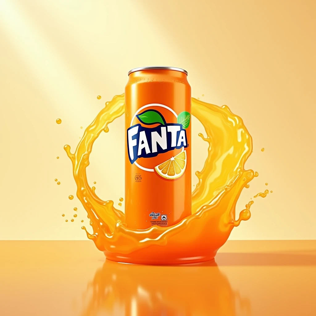Fanta orange flavour can with a swirl of orange juice around it 