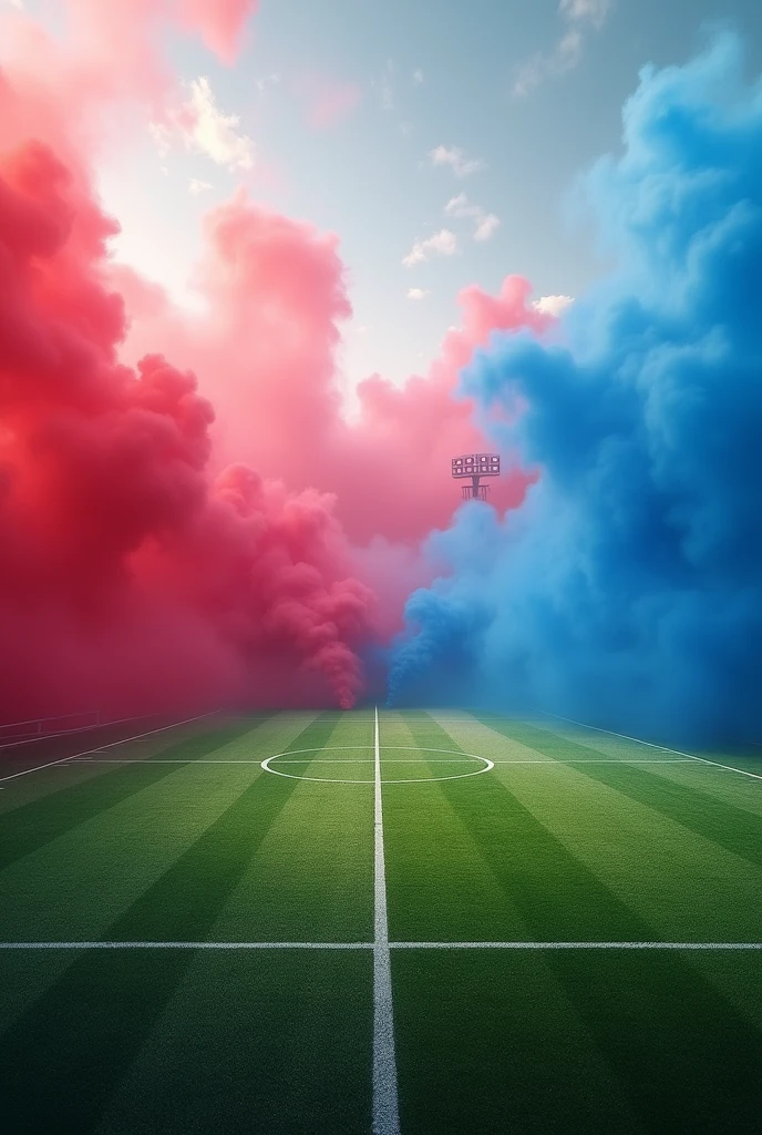 Football field background with red and blue smoke
