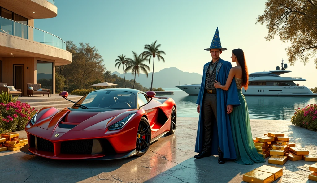 CREATE AN ULTRAREALISTIC IMAGE showing a young wizard without a hat next to a yacht with luxurious sports cars, with women leaning against cars on all fours, LINDA PARKED NEXT TO GOLD BARS and dollars next to it, rubies and emeralds, convey depth, IN THE BACKGROUND A BEAUTIFUL MANSION with modern architecture, WITH 3 elegant WOMEN with sinuous curves and dressed in tight, short dresses. NEXT TO THE FERRARI A HANDSOME YOUNG WIZARD IN BLUE CLOTHES AND FULL OF JEWELS, PERFECT WIZARD HANDS WITH 5 FINGERS. Emphasize richness and sensuality, show a lake next to it with yacht