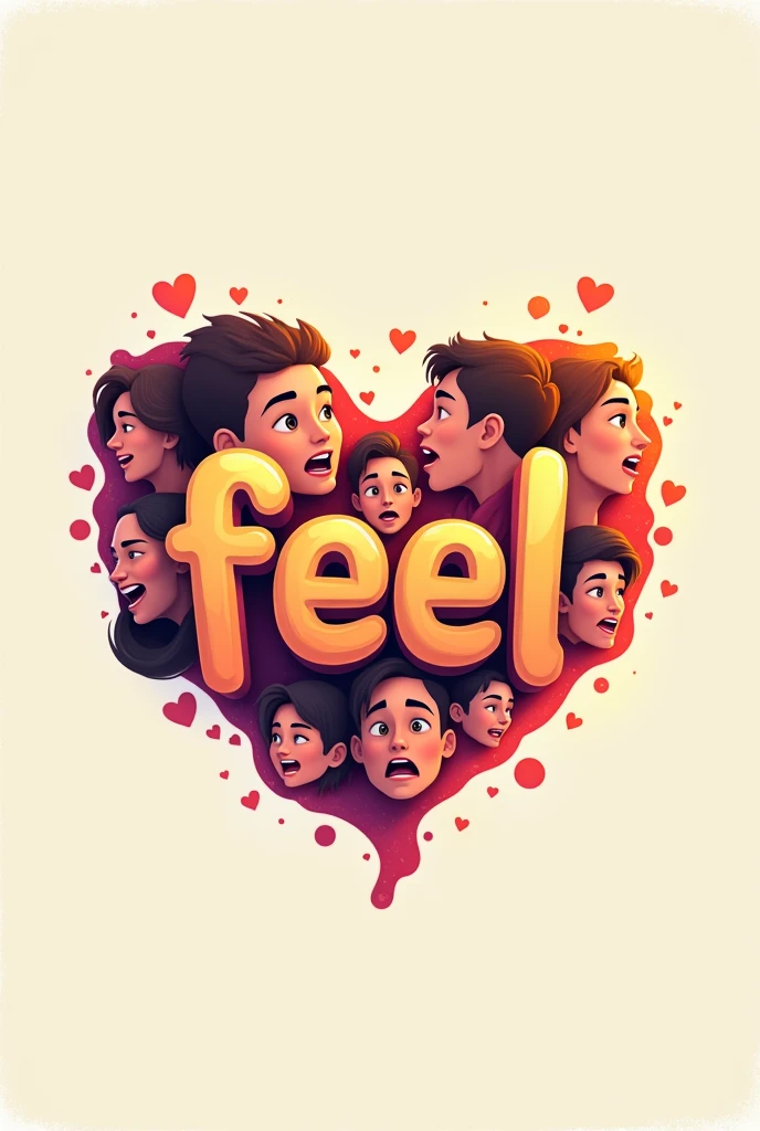 Please make me a logo that says feel me, where the letters look like they are vibrating with emotional faces around them, so that the emotions are more pronounced. 