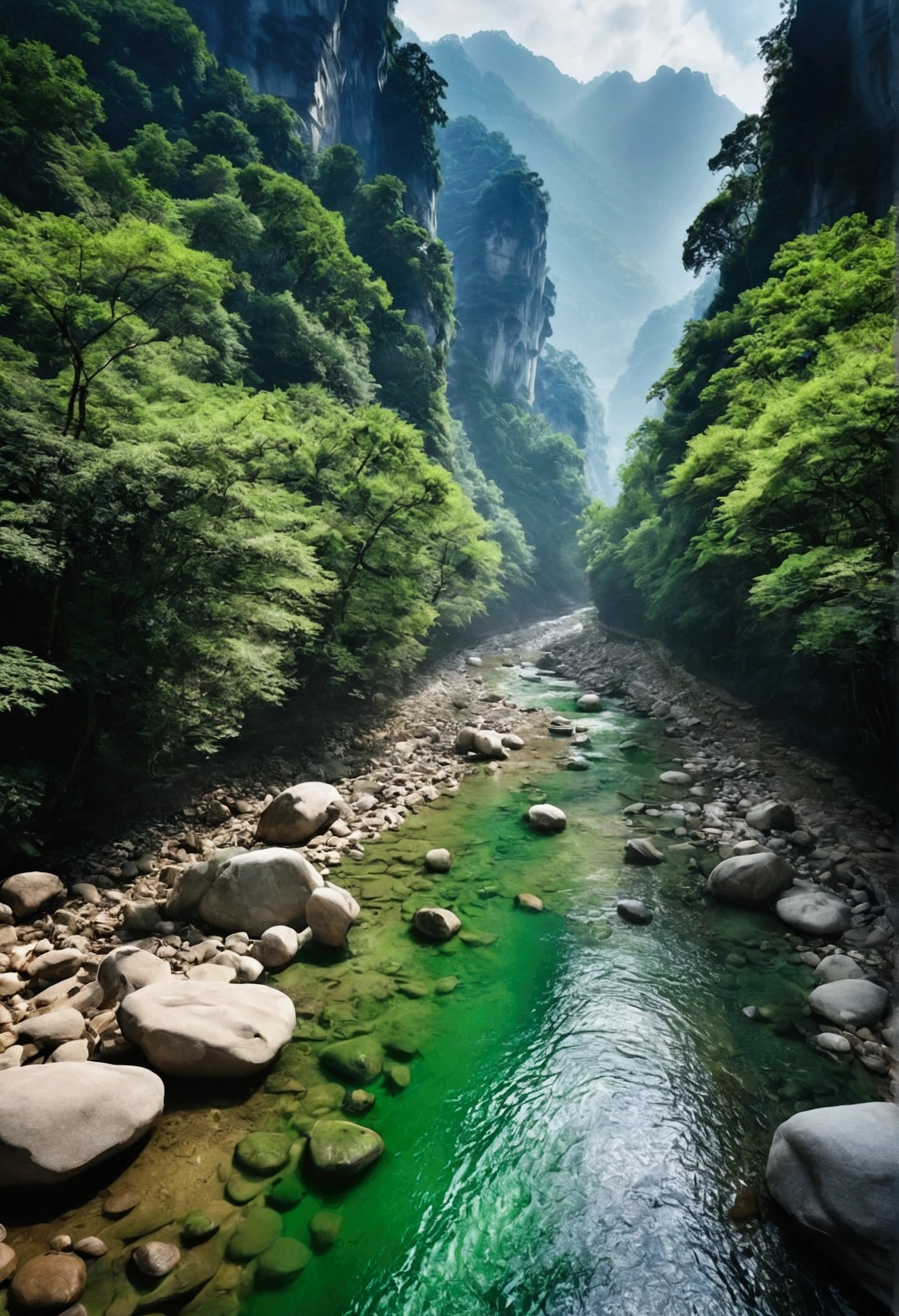 Taking photos by the stream,The stream is flowing,The stream is clear,There is a mountain at one end of the stream,Stone Mountain in Zhangjiajie,Clouds and mist,Unified emerald green tone,Cinematic color grading