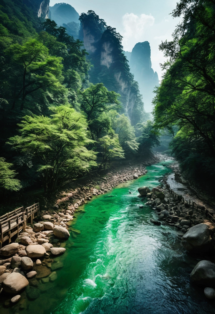Taking photos by the stream，The stream is flowing，The stream is clear，There is a mountain at one end of the stream，Stone Mountain in Zhangjiajie,Clouds and mist，Unified emerald green tone，Cinematic color grading