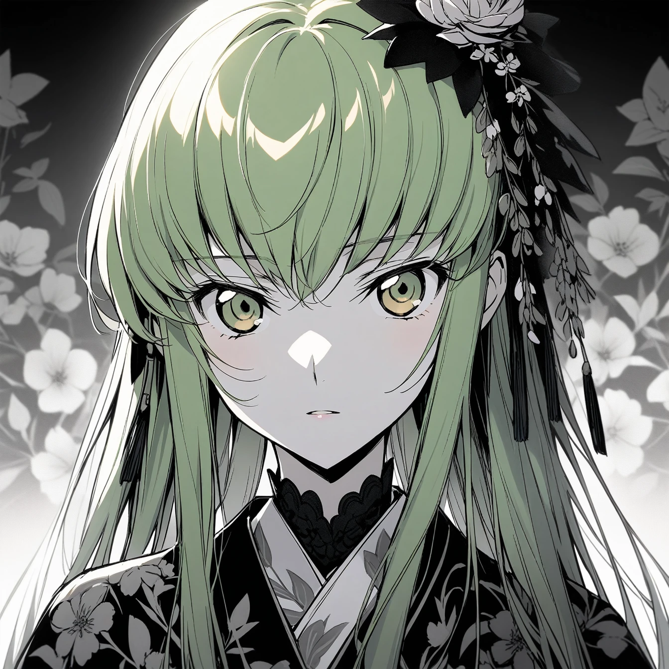 Beautiful anime portrait,Black gray monochrome,Oriental Wallpaper,pink,Feel,very anime style,1girl, c.c., code geass,Flowers,close up,Soft Light,Rich in details,The expression is firm,Kimono decoration,Background blur,鲜艳的颜Feel深沉,front,Green eyes,Green Hair