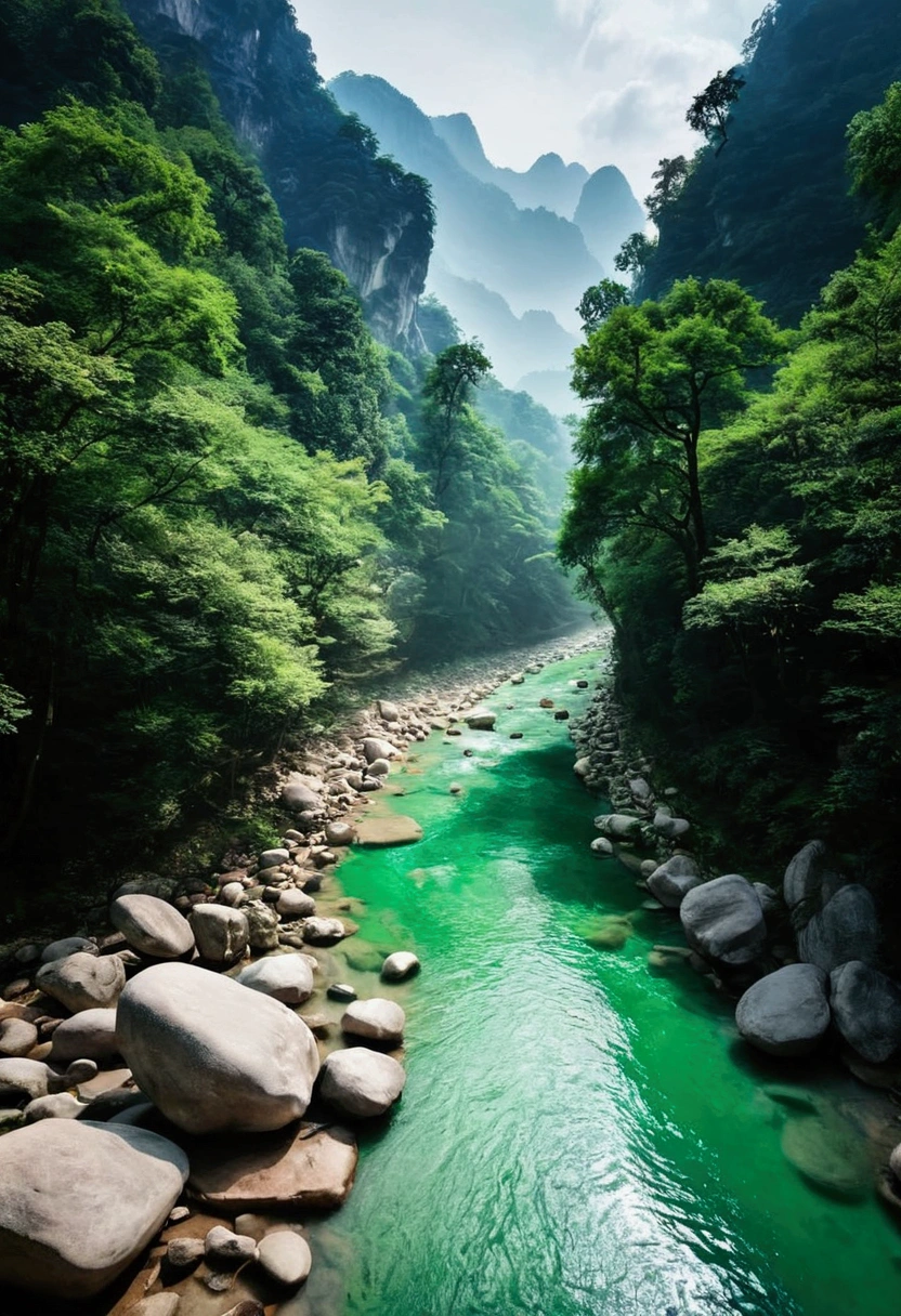 Taking photos by the stream，The stream is flowing，The stream is clear，There is a mountain at one end of the stream，Stone Mountain in Zhangjiajie,Clouds and mist，Unified emerald green tone，Cinematic color grading