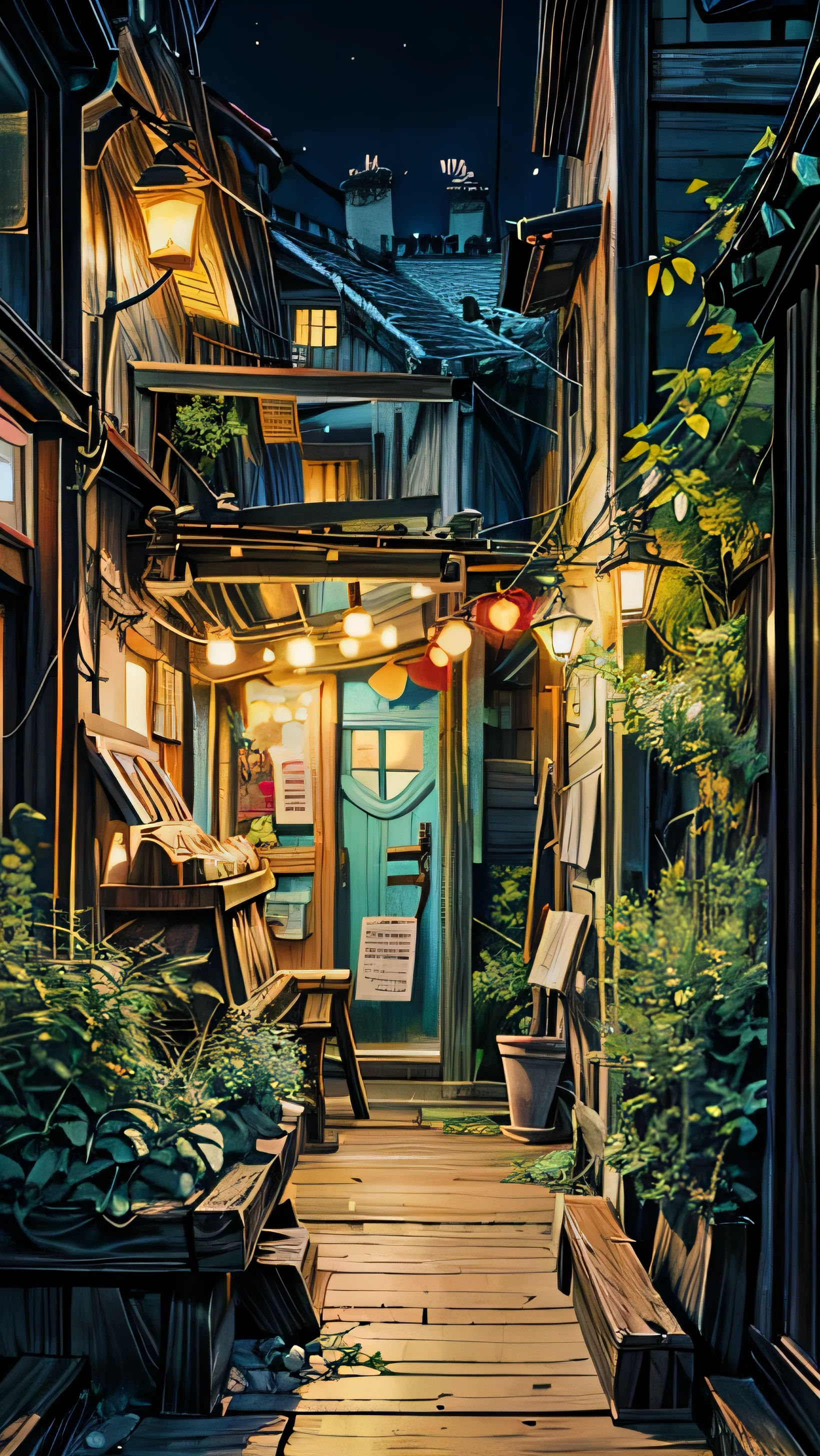 ,Painting of a night street with a bench, studio ghibli environment, pleasant Cozy atmosphere, Cozy atmosphere, Anime Scenery, night village backgrounds, Backstreets, Quiet Tokyo alley at night, Written by Edward Okun, Dreamy atmosphere, Dreamy atmosphere, spanish ghibli alleyway, makoto shinkai and (Cain Kuga), Detailed anime art, 4k hd,, Beautiful Art UHD 4K, Beautiful artwork illustration, Beautiful digital painting, Highly detailed digital painting, Beautiful digital art, Detailed painting 4k, Highly detailed digital painting, Rich, picturesque colors, Gorgeous digital painting