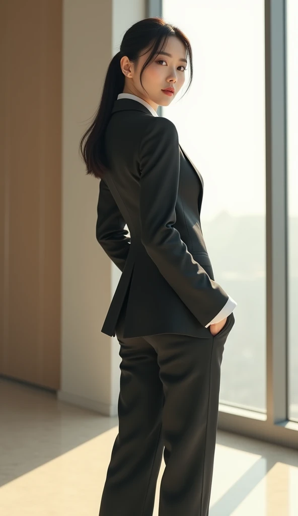 A woman in a skirt posing in a room, Tight clothing, Business services, Yoshitomo Nara, suitを着たまま, Korean women, suit, Japanese Goddess, Japanese Model, ゴージャスな若いKorean women, beautiful Korean women, Korean, wears tight and simple clothes, Business attire, 厳格なsuitを着て, Back view,Big ass