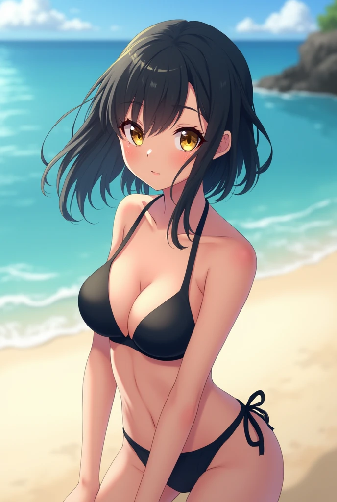 An anime oc Hair: a little short black eyes: yellow and fallen Pose: greeting, serious and with hair moving Clothes: Cute black bikini with bottom: Beach Features: cute and adorable woman, anime