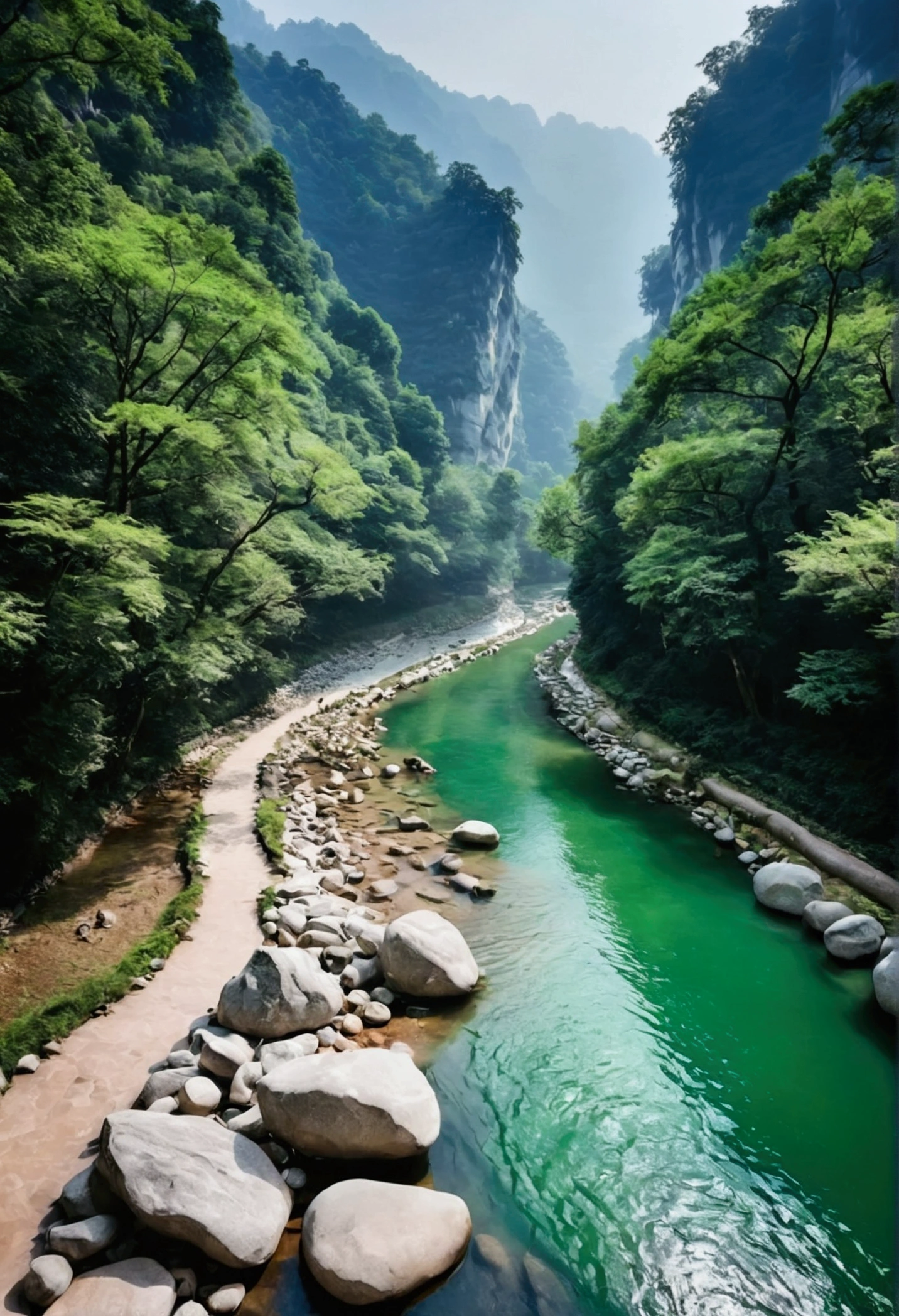 Taking photos by the stream,The stream is flowing,The stream is clear,There is a mountain at one end of the stream,Stone Mountain in Zhangjiajie,Clouds and mist,Unified emerald green tone,Cinematic color grading