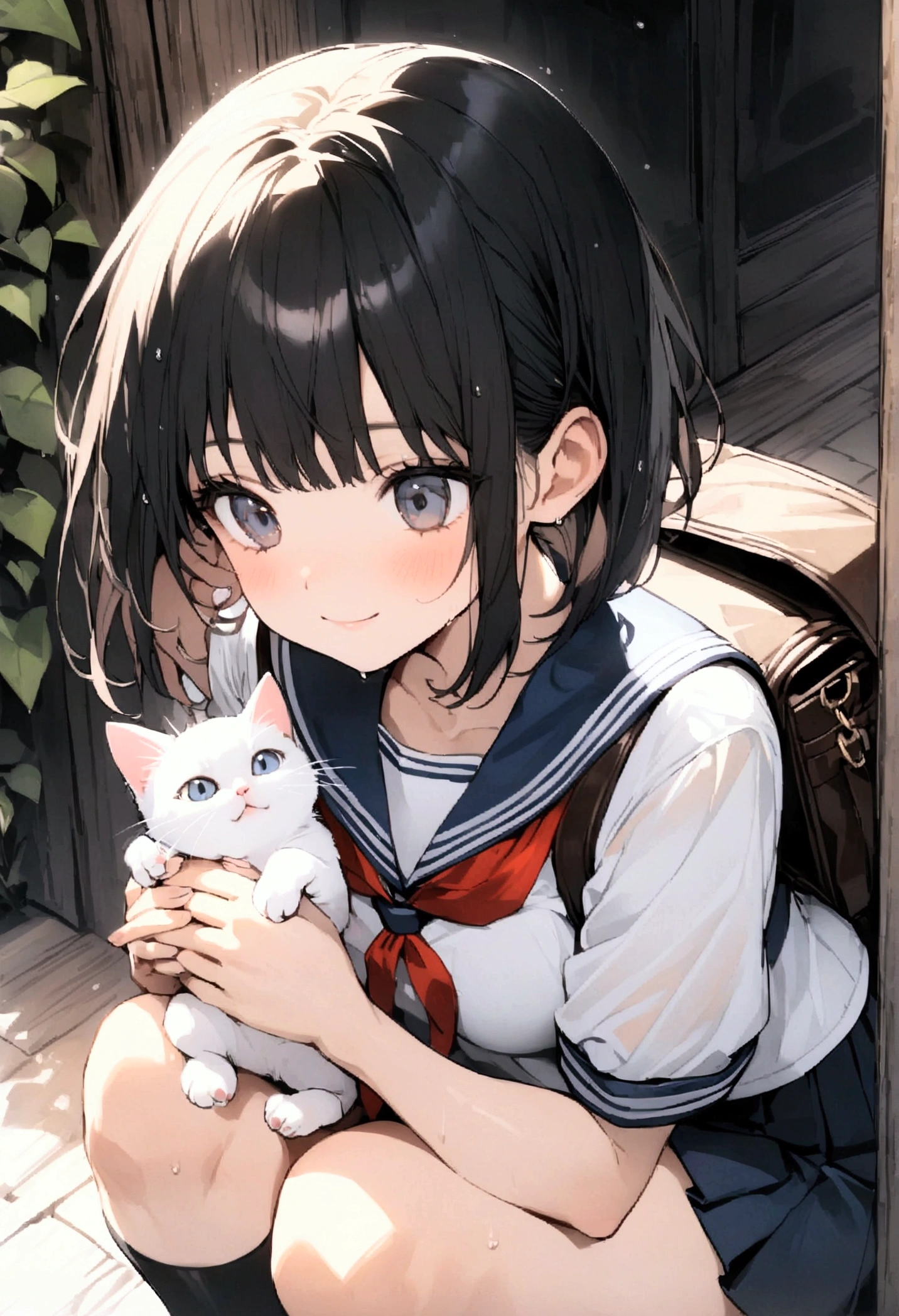 One Woman、1 kitten、garden、rain、Wet、beautiful girl、Sailor suit、A kind smile、Look at the kitten、Pleated skirt、Carrying a backpack with both hands、Year: 18、Bob Cut Hair, Highest quality, Body Type、small 、small ass、Black Hair,Black knee-high socks、Cowboy Shot、Ultra-high definition images、Squat with your legs apart、Angle from directly below、Petting a cat、Pat、Put the kitten on your lap、The kitten is meowing