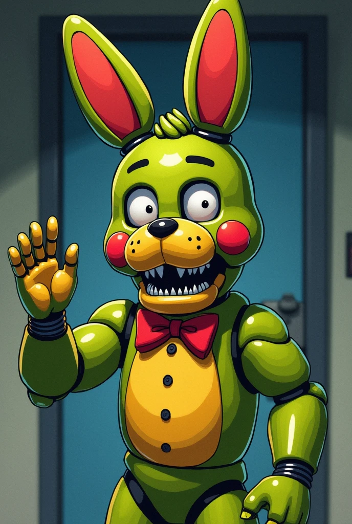 80's style anime drawing, general camera shot, springtrap fnaf, of a greenish yellow rabbit, humanoid, animatronic, with a very sinister expression, which the animatronic, who is waving worse has a macabre expression.
