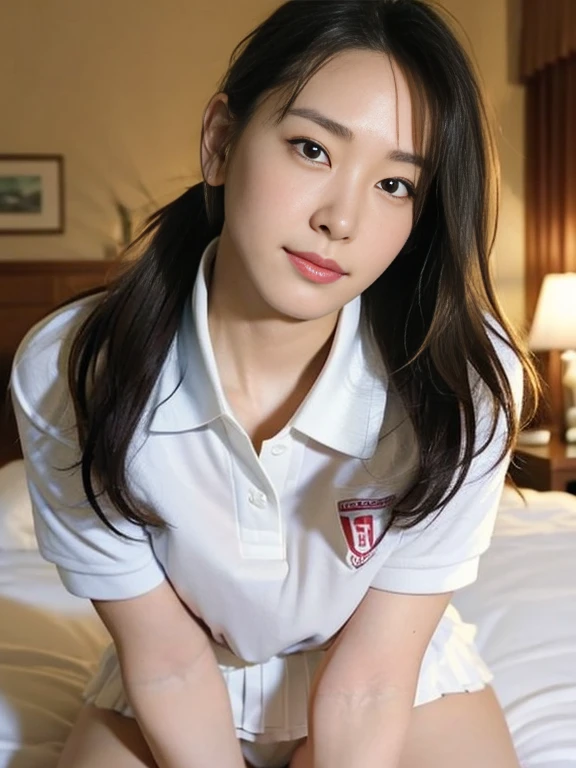 (Masterpiece, Best quality: 1.4), (Ultra realistic, Photo-realistic: 1.2), Full body, (kneeling: 1.3), Looking at viewer, Natural light, 28 years old actress, Japanese women, (arms behind back: 1.2), Neat and clean, ((Wearing white tennis uniform, White polo shirt with collar, Not buttoning the polo shirt, White pleated tennis skirt: 1.2)), (ponytail: 1.2), Light brown hair color, (Beautiful Face), Oval face, clear, (Beautiful eyes, Kind eyes), (Clear skin), Small face, (Small mouth, Beautiful mouth), Natural makeup, Approachable, Hotel Suite room, On bed, (nsfw:1.1), Seductive smile, Seductive pose, Beautiful thighs, Touch pussy, Bedroom eyes, Spread legs,