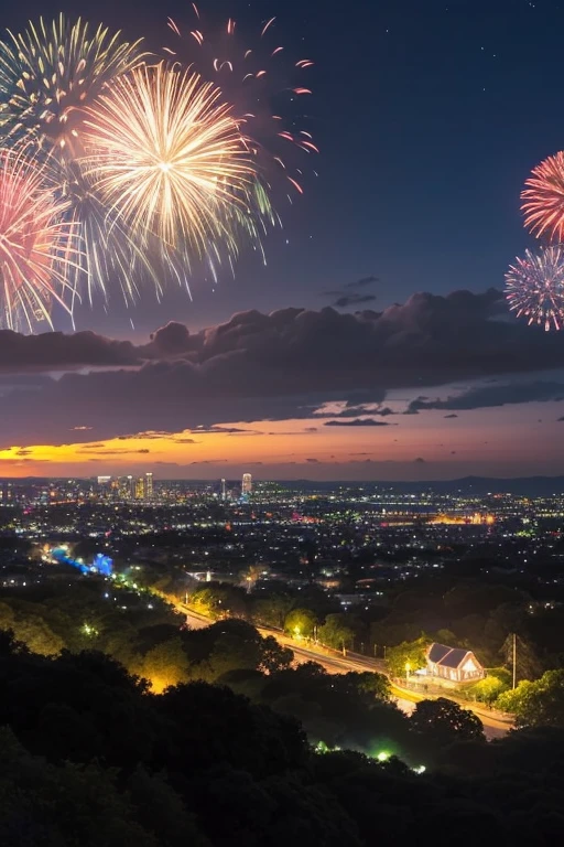 And soul、雲のある空のscenery、Landscape without buildings、You can see the brush strokes、Studio Ghibli、Ghibli、humid、scenery、style、Skyline、firework、night、夏のnight、Summer festival、firework大会