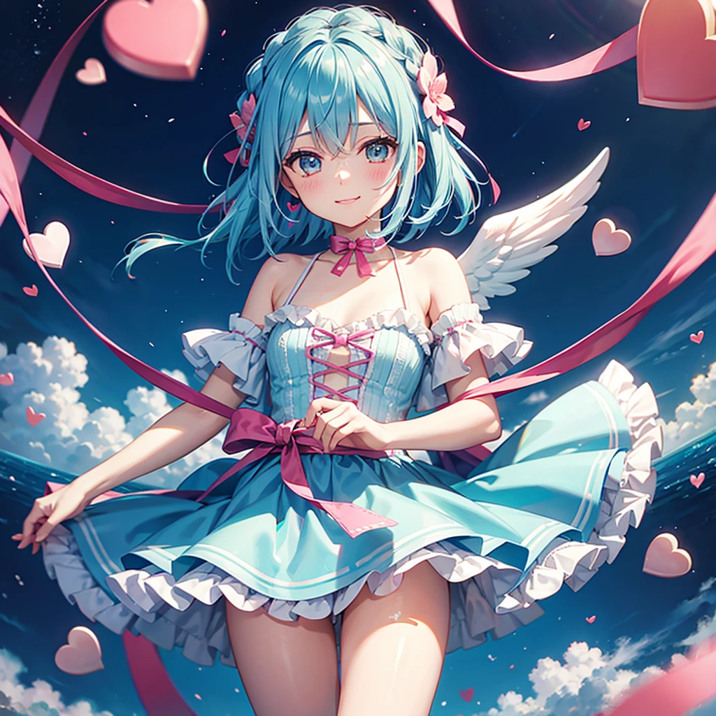 Sky blue hair、Braided Short Hair、Pink Eyes、Fair skin、whole body、One person、shy、Lots of hearts in the background、(Heart-shaped chocolate)、(Chocolate Angel)、Valentine's Day、masterpiece、Highest quality、Very detailed、Best Shadow、Detailed Background、Beautifully detailed face、High Contrast、Best lighting、Very delicate and beautiful、Cinematic Light、Hyper Detail、8k、Dramatic Light、Exquisite detail、Making a heart symbol with hands
