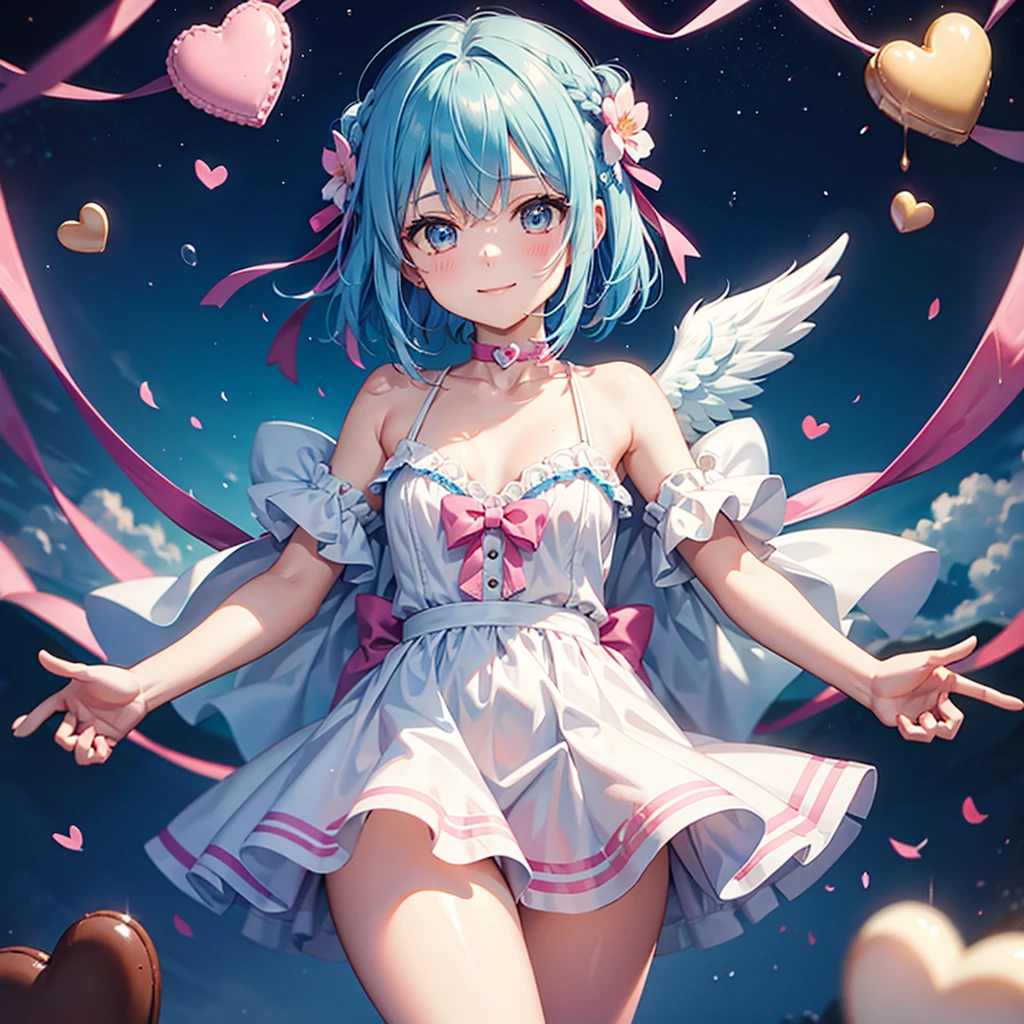 Sky Blue Hair、Braided Short Hair、pinkの目、Fair skin、whole body、One person、Cute smile、Lots of hearts in the background、pink、(Heart-shaped chocolate)、(Chocolate Angel)、valentine's day、masterpiece、Highest quality、Very detailed、Best Shadow、Detailed Background、Beautifully detailed face、High contrast、Best lighting、Very delicate and beautiful、Cinematic light、Hyper Detail、8k、Dramatic Light、Exquisite detail、