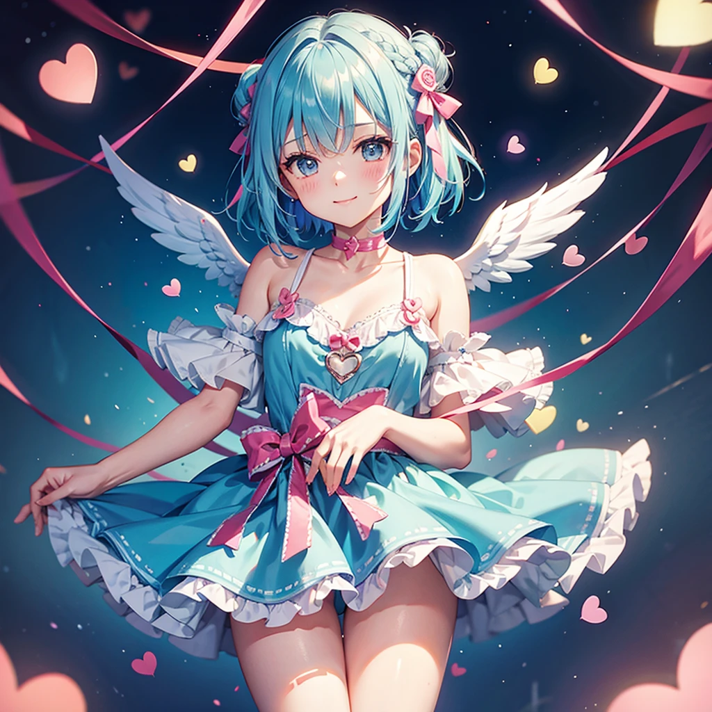 Sky blue hair、Braided Short Hair、pinkの目、Fair skin、whole body、One person、Cute Smile、Lots of hearts in the background、pink、(Heart-shaped chocolate)、(Chocolate Angel)、Valentine's Day、masterpiece、Highest quality、Very detailed、Best Shadow、Detailed Background、Beautifully detailed face、High Contrast、Best lighting、Very delicate and beautiful、Cinematic Light、Hyper Detail、8k、Dramatic Light、Exquisite detail、