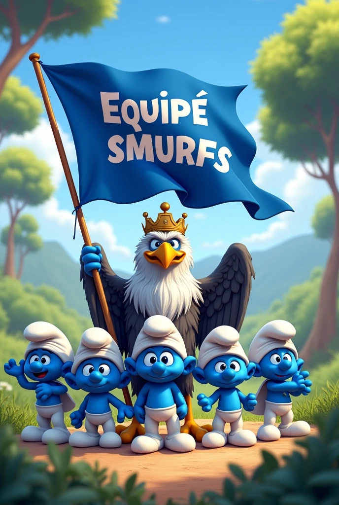 Equip the Smurfs with a blue flag written "Smurfs Team" in Portuguese and a grey and white HARPIA crested harpy eagle with a crown of grey feathers holding the flag