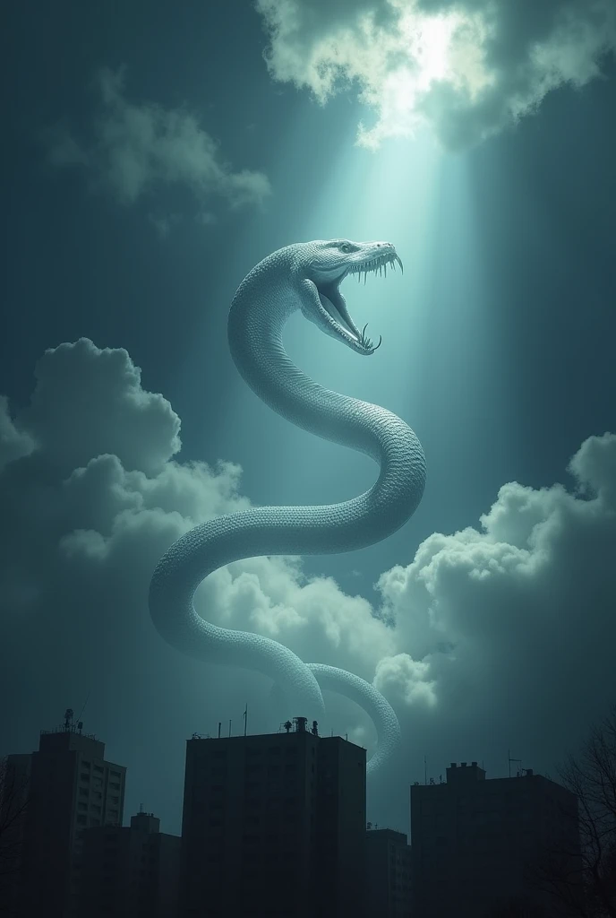 a snake-shaped shadow created by the light of a spotlight on the clouds that is on the roof of a building. that the shadow looks more like a snake. The serpent sign in the sky