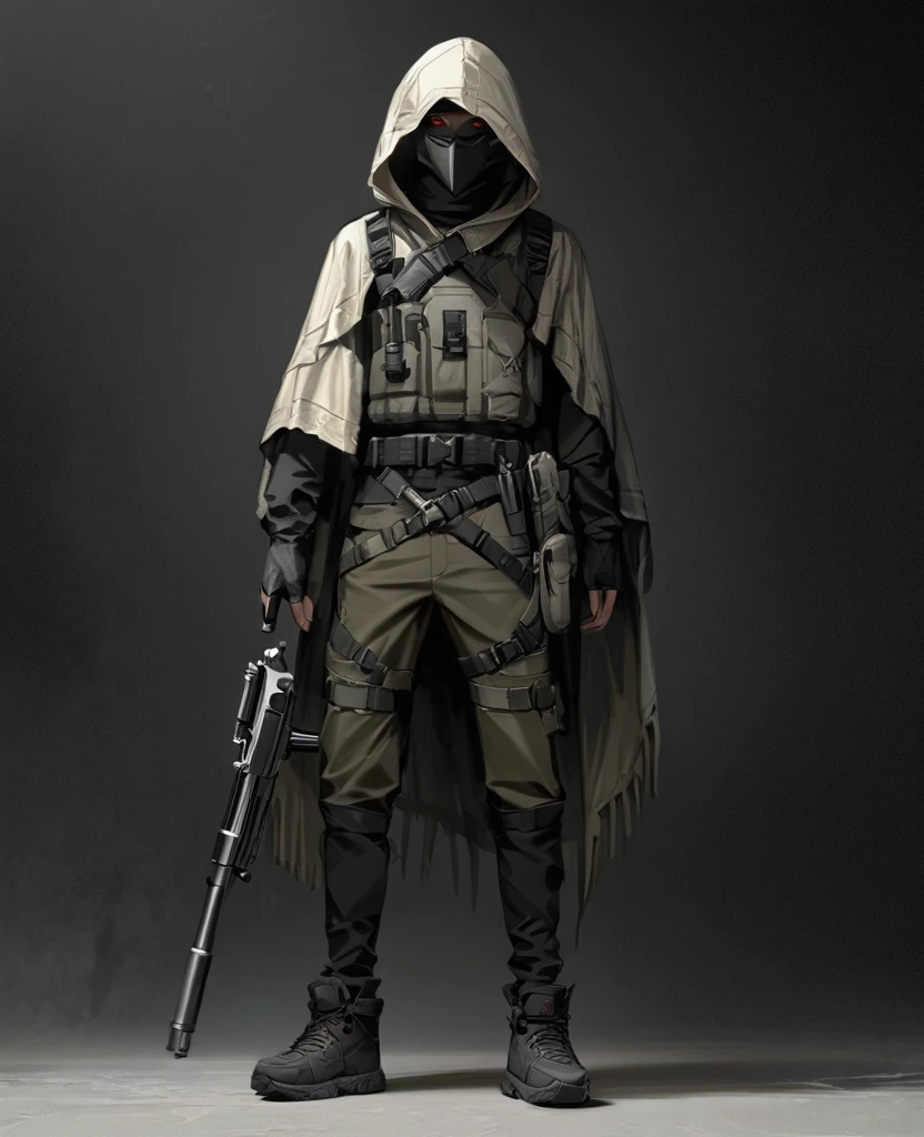 masterpiece, best quality, realistic, 1man, 21 years old, eyes visable, masculine features, fit, looking worn down, albino man, albino skin, pale skin, kevlar armor (like swat), Post-apocalypse, doomsday wasteland style, fingerless gloves, gloves, belt, full body, armor, standing, simple background, military kit, mask that covers his lower face, slight cowboy aesthetic mixed with modern aesthetic, full modern body armor, wearing poncho, red eyes, revolver holstered on hip, head wrapping, goggles on head, Death Gun from “Sword Art Online”, Cad Bane from “Star Wars”, thin, intimidating, gun on hip (revolver), terrorist, hood