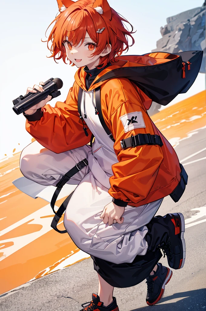 Full body portrait,front,male Red Hair,Short hair,Orange Eyes,Dog ears,,About,White hoodie outfit,Mouth open,smile,Moe sleeves,Pause
