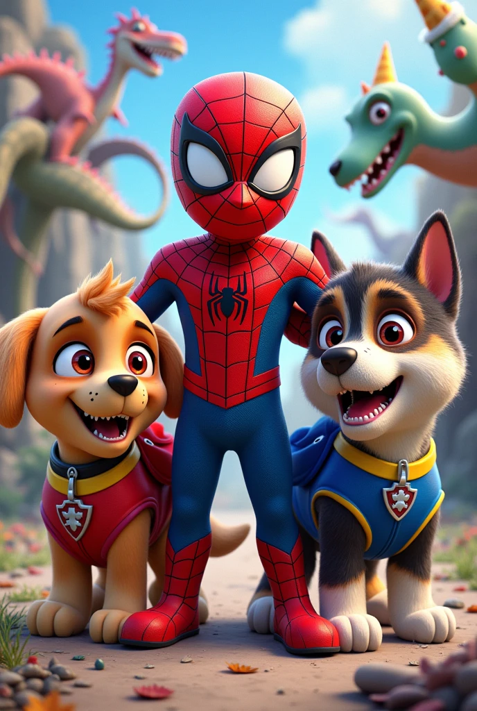 Birthday panel with Spider-Man, with two paw patrol dogs wearing spiderman costumes and dinosaurs in the background