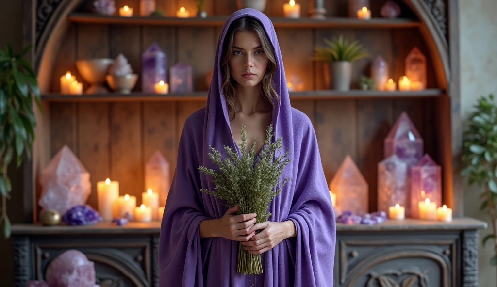 mulher com capa violeta de sacerdotisa energizando sua casa com crystals ALTOS, IN your hands a bouquet of aromatic herbs, convey depth, in the background a cupboard with various aromatic herbs, in the scene small lit candles, crystals