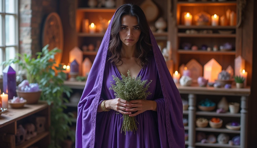 mulher com capa violeta de sacerdotisa energizando sua casa com crystals ALTOS, IN your hands a bouquet of aromatic herbs, convey depth, in the background a cupboard with various aromatic herbs, in the scene small lit candles, crystals