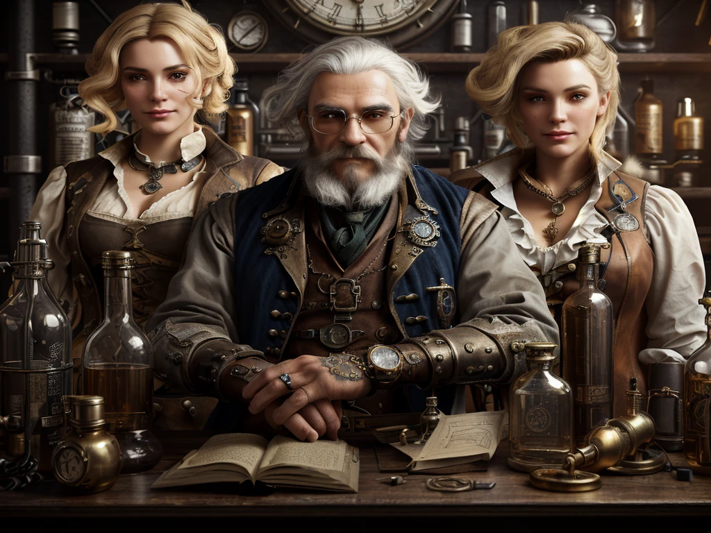 Three people standing in front of a table with bottles on it, In the steampunk laboratory, fantasy alchemist laboratory, Key Art, 3D Rendered Steampunk, 3d render senior artist, Steampunk man portrait, Steampunk fantasy style, Steampunk Digital Art, Galen Dala, Victorian Alchemist, He is in the alchemist's laboratory, Digital Steampunk Art, Character Photo, Theme: Steampunk