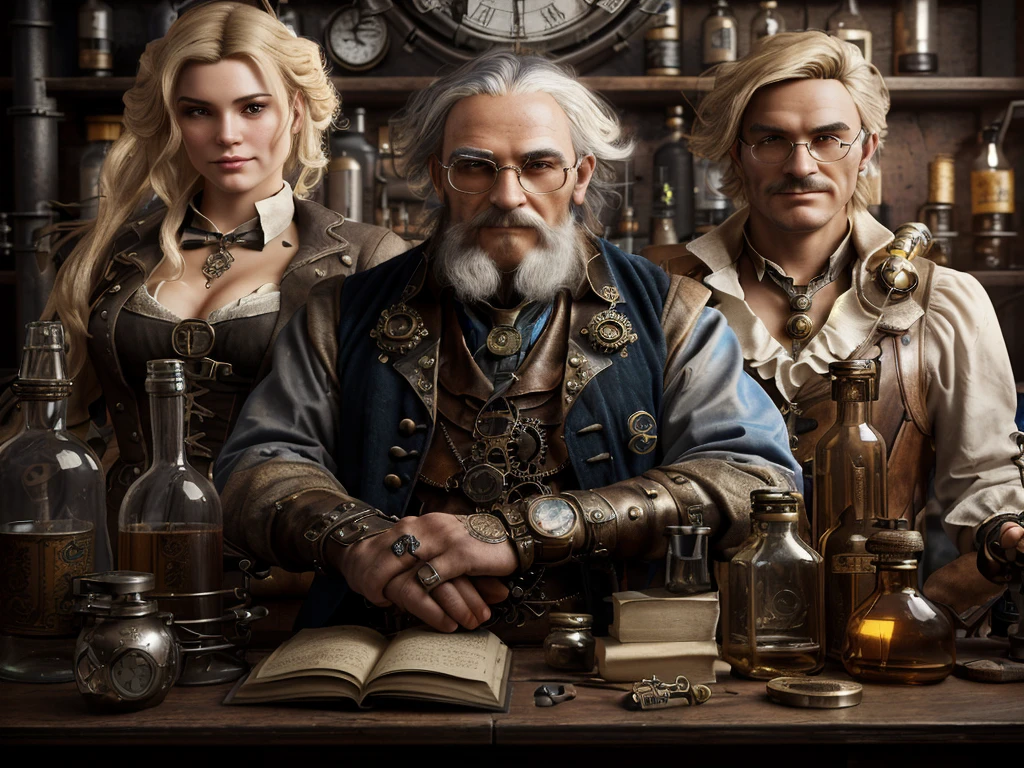 Three people standing in front of a table with bottles on it, In the steampunk laboratory, fantasy alchemist laboratory, Key Art, 3D Rendered Steampunk, 3d render senior artist, Steampunk man portrait, Steampunk fantasy style, Steampunk Digital Art, Galen Dala, Victorian Alchemist, He is in the alchemist's laboratory, Digital Steampunk Art, Character Photo, Theme: Steampunk
