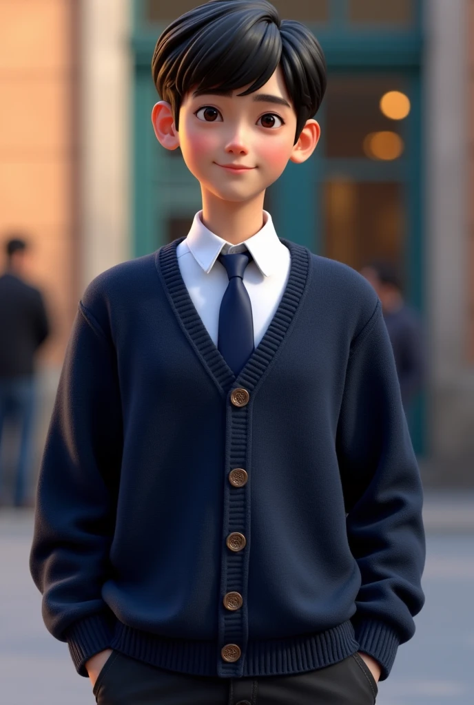 GENERATE A STUDENT pixar open sweater with buttons DARK BLUE DARK BLUE TIE AND WHITE SHIRT a WITHOUT JACKET