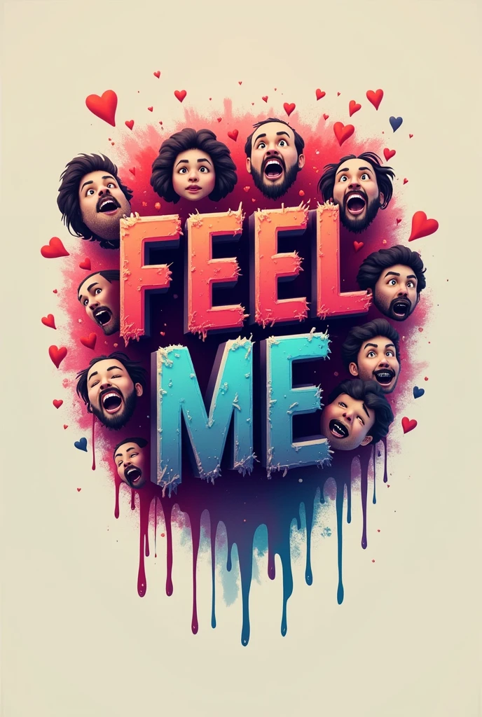 Please make me a logo that says feel me, where the letters look like they are vibrating with emotional faces around them, so that the emotions are more pronounced.
