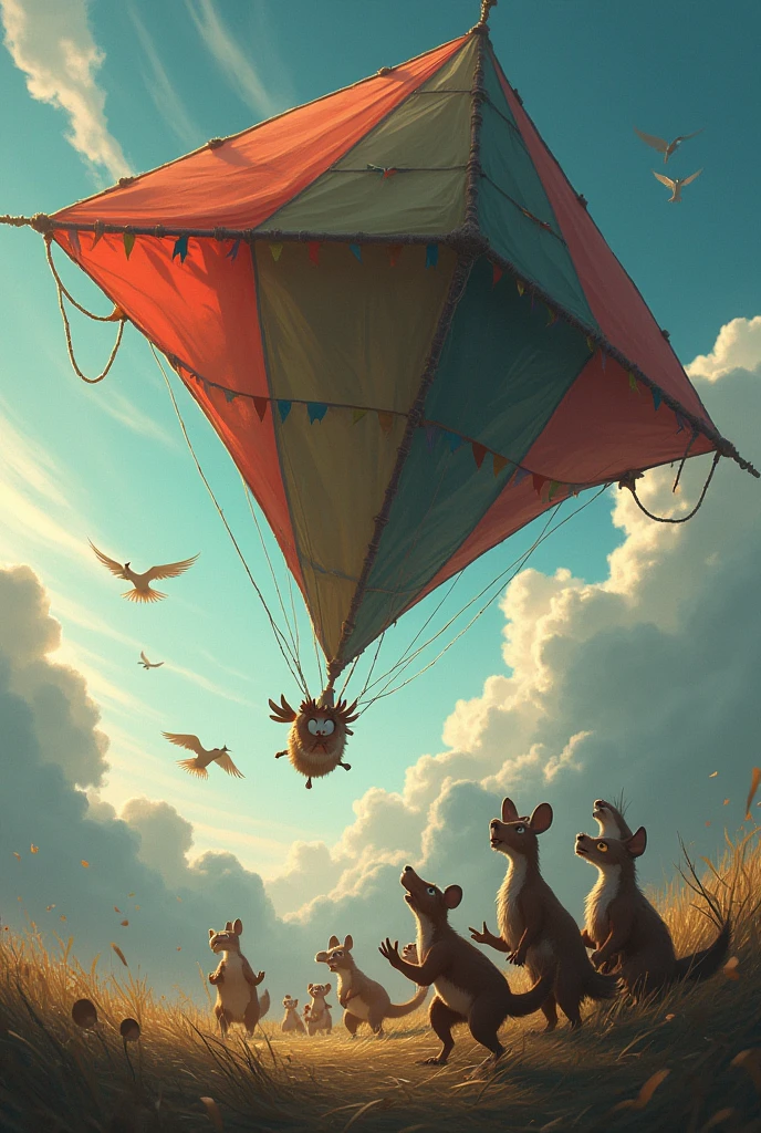 worried animals flying a giant kite