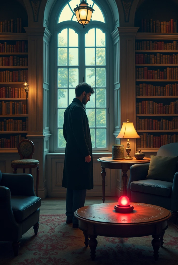 Book cover of 1 person silhouette (Lucas) Selecting a red button on a coffee table inside a secret Disney-style library