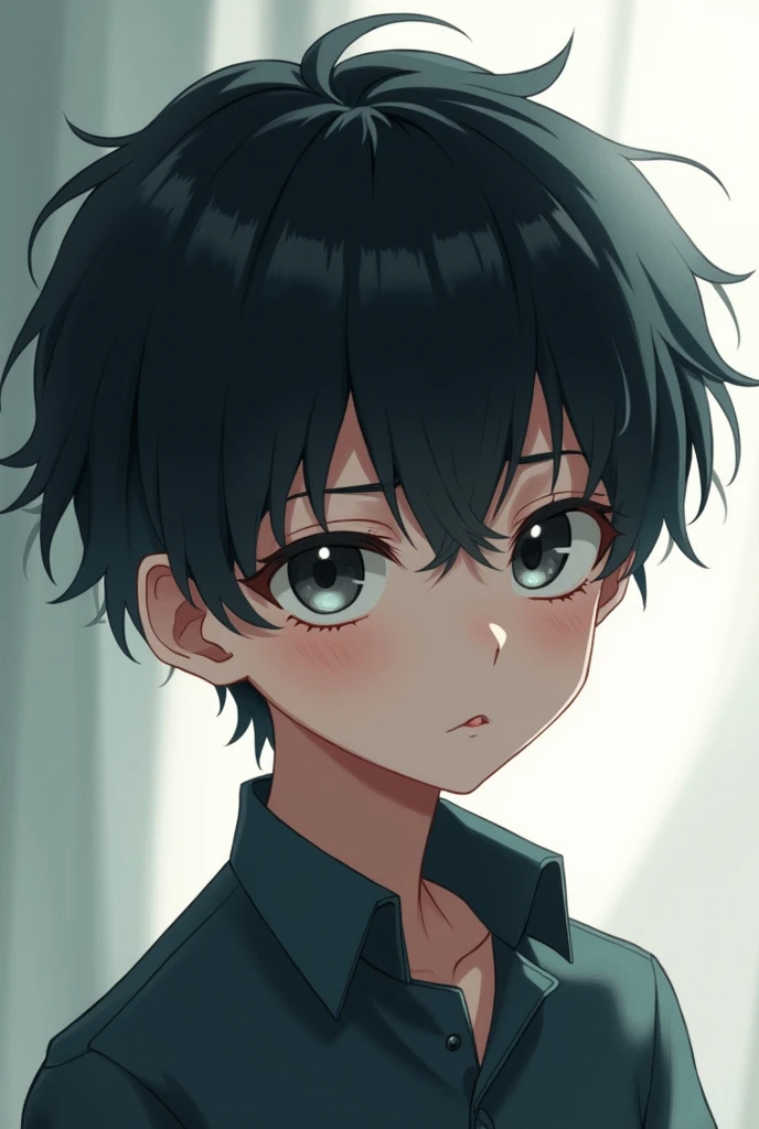 A boy with black hair, black eyes and pupils shaped like a waning moon anime