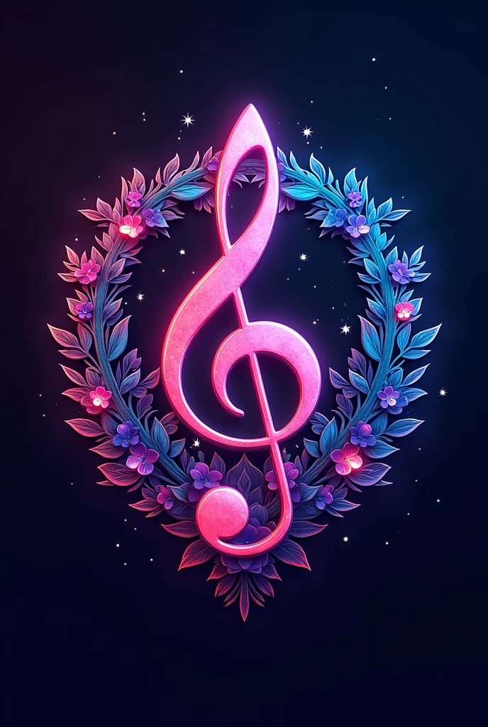 A logo musical note center and flower and pattern around. Background Neon and text “ Flower Music “ MUSIC font cool below logo