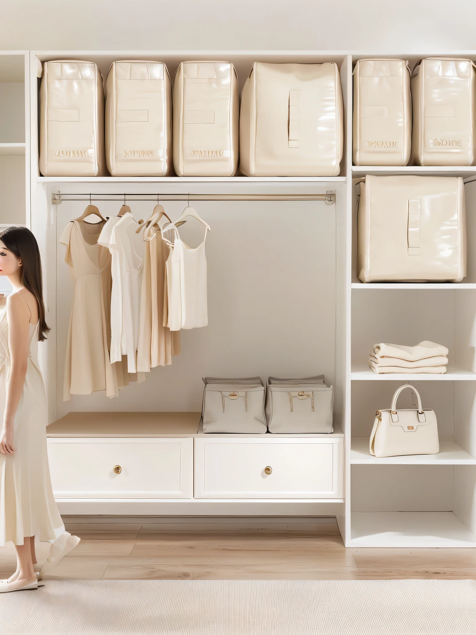 There is a woman standing in a closet with many clothes, Elegant Wardrobe, exiting from a wardrobe, clean and organized, tidy, Cream Room, Elegant futuristic wardrobe, Everyone, take your positions, Beige color scheme, Simple and pure design, Elegant style, White clothes, Clean style, Cream and white color scheme, Elegant appearance, organized