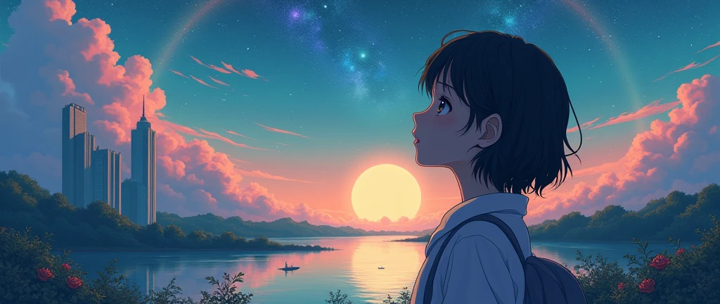 ((The pale yellow moon of a supergiant star))((A girl who looks up at her profile and is subjectively depicted))、((Crying girl))、Profile Girls、On a multicolored background、Painting of a river with stars and moon in a rainbow sky、Shining skyscrapers、Shine overall、Concept art inspired by Tosa Mitsuoki、Pixiv Contest Winners、Highest quality、Fantasy art、Beautiful anime scene、Bright Moon、Moonlight Star Environment、Dream Painting、Anime Background Art、Fantasy Landscape Painting、Fantasy Knight、Anime Background、Background artwork、Great art、Atmospheric anime、Starry Sky、details enhanced。