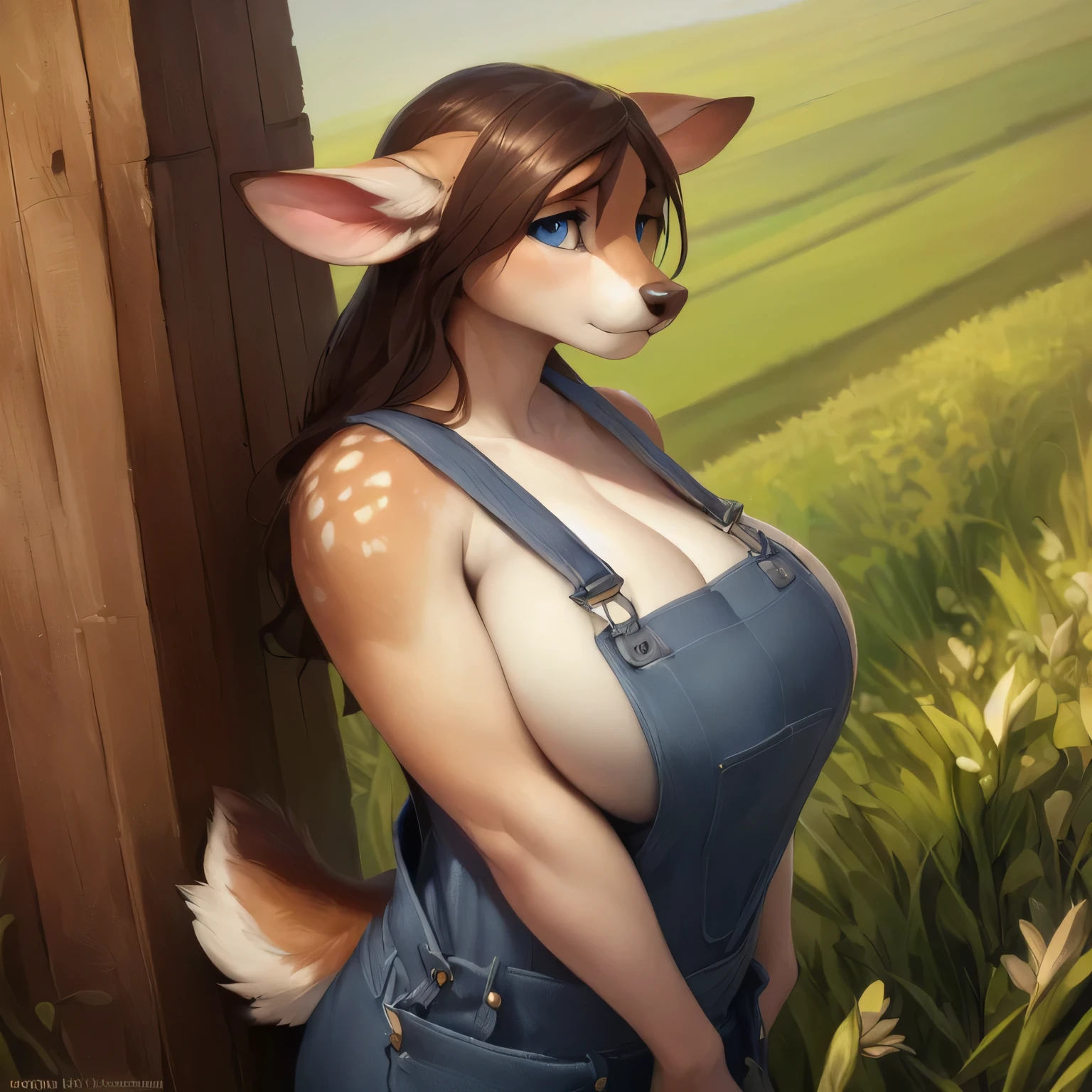 uploaded on e621, by Pixelsketcher, by Bayard Wu, by Thomas Benjamin Kennington , by Einshelm, solo anthro female deer doe with ((nice breasts)) and (fluffy tail) and ((clear navy blue eyes)), (( full body portrait)), BREAK, ((wear dirty work overalls)), sweaty, nervous, embarrassed (detailed Bonifasko lighting), (detailed fur), (detailed skin), BREAK, (( against a wooden fence in a field of crops with hand between legs)), (cinematic lighting), ((detailed background)), ((high-angle view)), (three-quarter view), (half body shadow), [backlighting], [crepuscular ray], [detailed ambient light], [gray natural lighting], [ambient light on the belly], (higher wildlife feral detail), [explict content], [sharp focus], (questionable content), (shaded), ((masterpiece)), Break ((side view)) (big ass) ((big big tits)) ((big body)) ((big boobs)) ((back view))