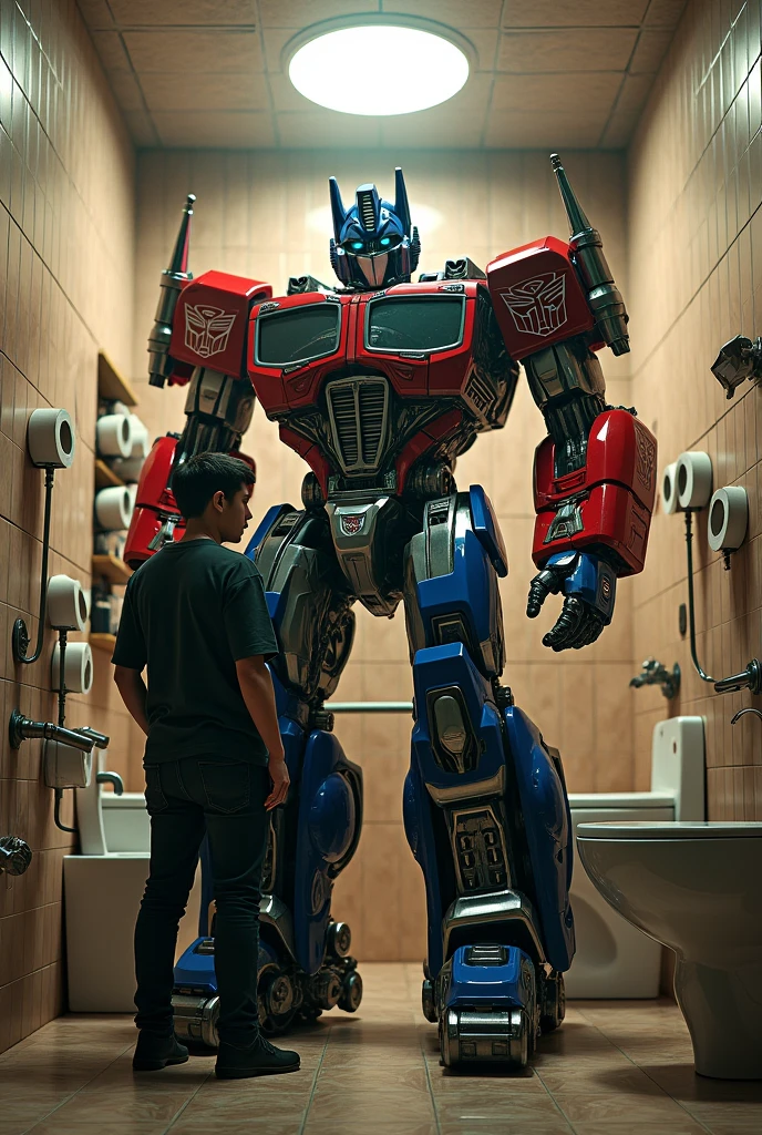 a highly detailed image of Optimus Prime, the iconic Transformers character, standing next to a cameraman dressed in casual attire, in a surreal bathroom setting with toilet paper and other bathroom accessories, 8k, photorealistic, cinematic lighting, dramatic shadows, vibrant colors, intricate details, mechanical elements, warm tones, ultra-detailed, concept art style