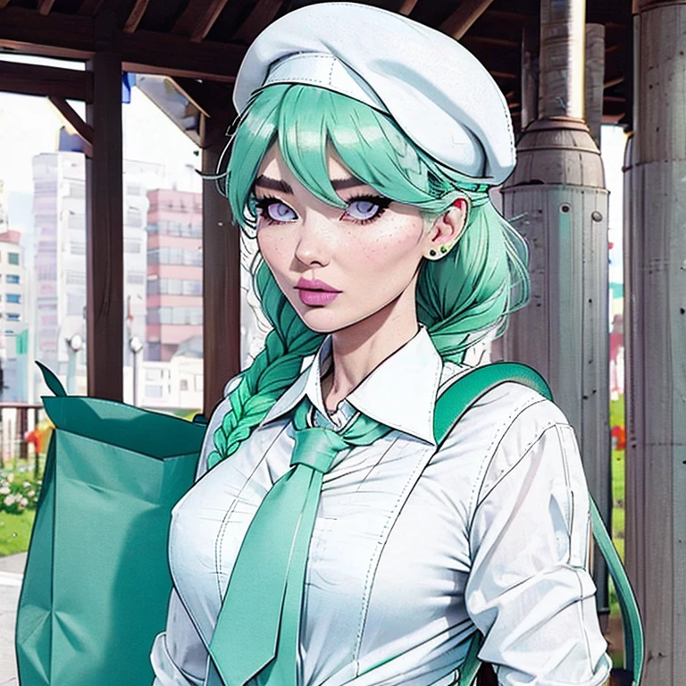 1 girl, (bags under the eyes:1.5), mint green hair, twin_Braid, white beret, white  shirt, flower tie