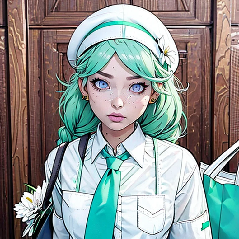 1 girl, (bags under the eyes:1.5), mint green hair, twin_Braid, white beret, white  shirt, flower tie