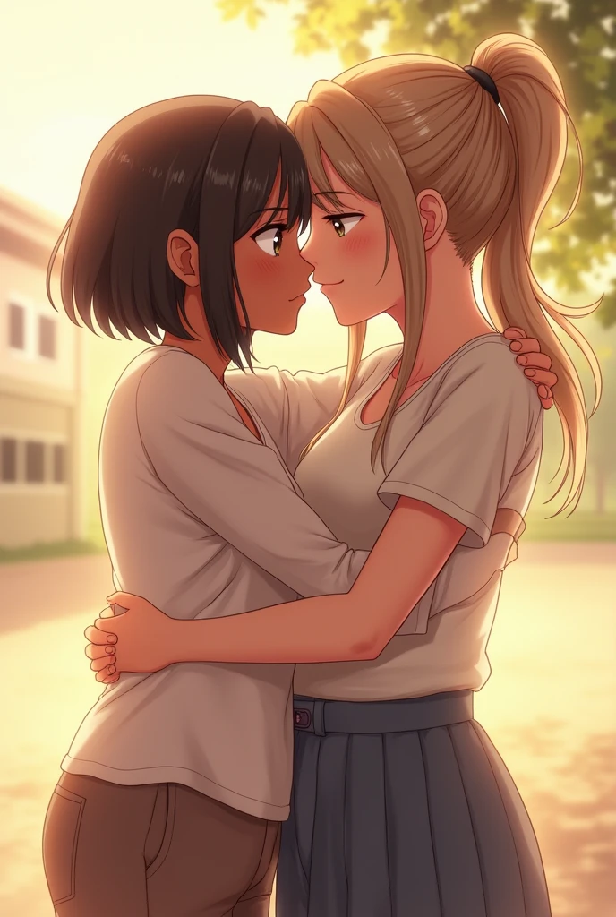 (Romantic and passionate kissing scenes in movies),(Highest quality, Cinematic, Best lighting and shadows),(Close-up shot, extreme Close-up shot),(One girl and one girl),(Long Hair:1.2+suit),(Red lipstick:1.4+Black Hair), Romantic Music, Blurred Background